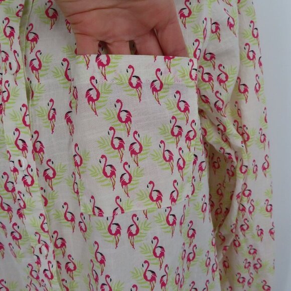 Foxcroft Women 6 Pink Flamingo Green Palm Leaf Collared Button Shirt Top Blouse - Picture 4 of 12